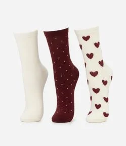 Kit 3 Meias Cano Médio com Corações e Poá