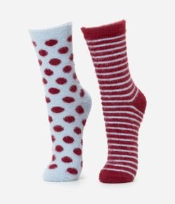 Kit 2 Meias Cano Alto com Pelo Artificial Poá e Listras