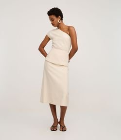 Saia Midi Evasê em Twill com Pala Sobreposta