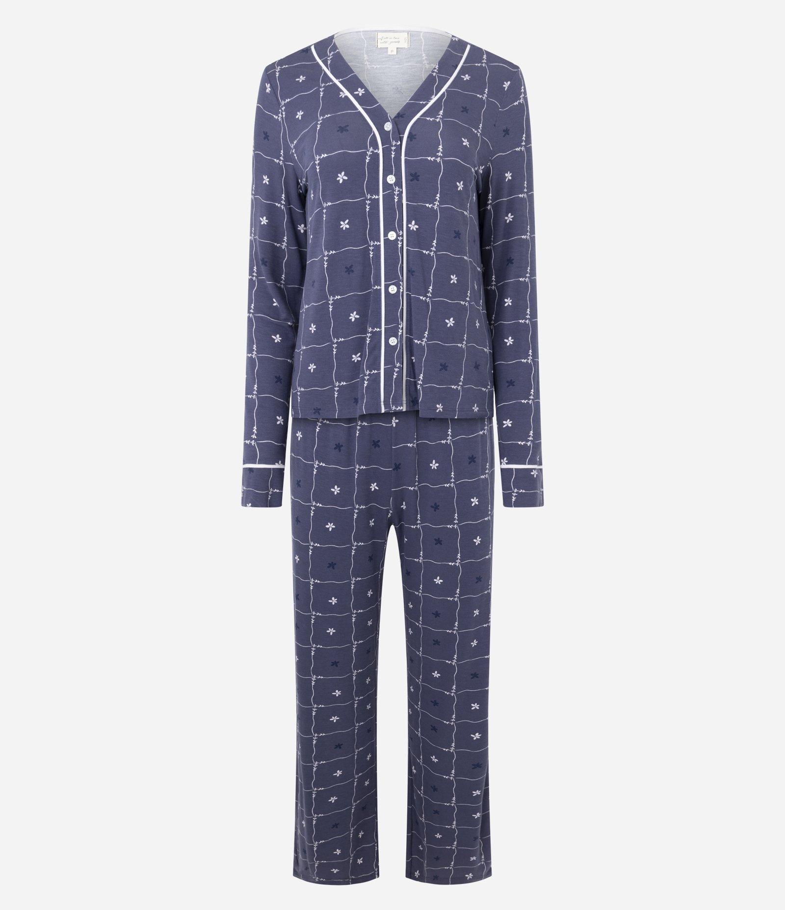 Pijama Longo Americano em Viscolycra com Estampa de Flores Cinza 1