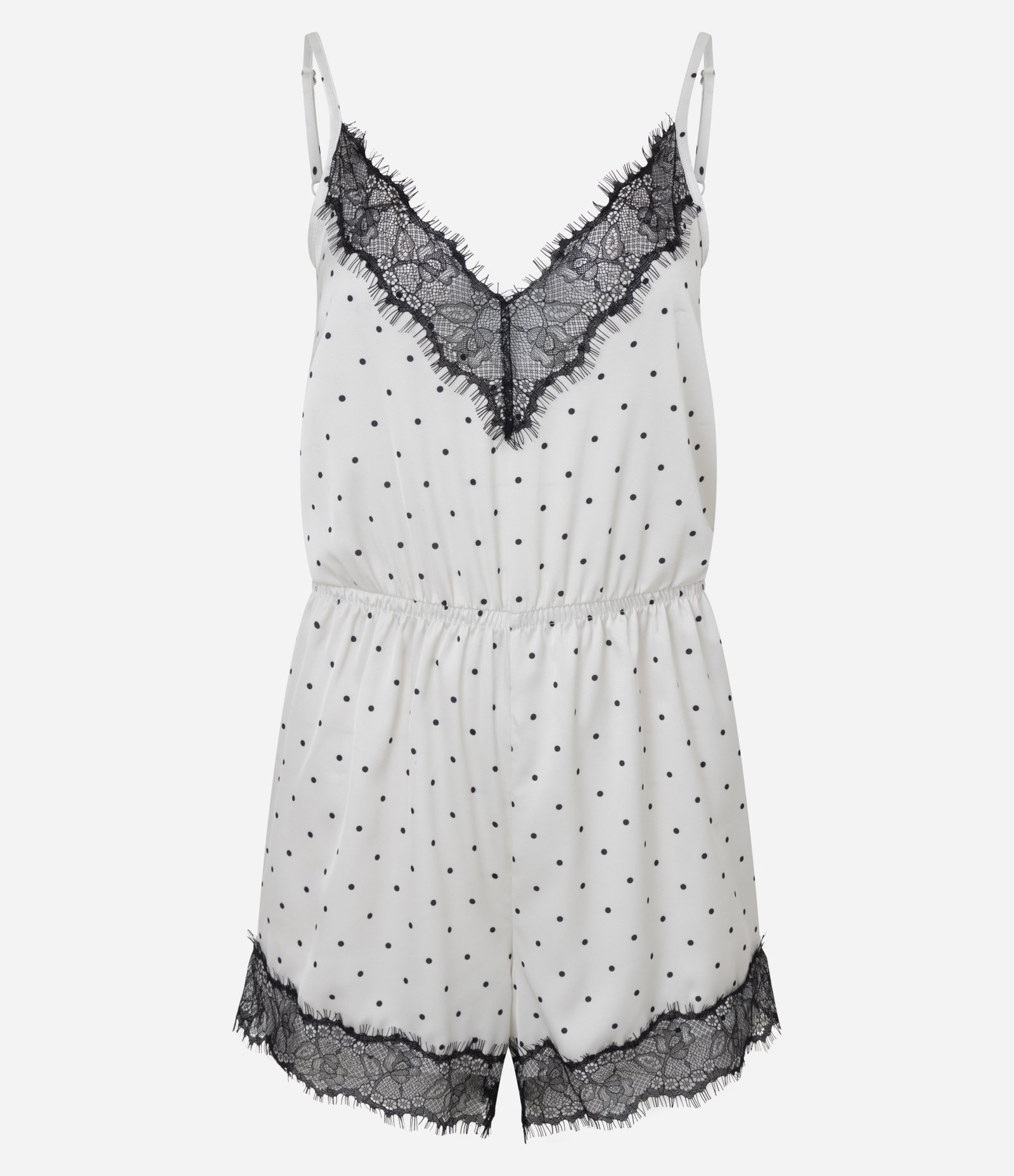 Pijama Curto Macacão em Cetim com Renda e Estampa Poá Branco 4