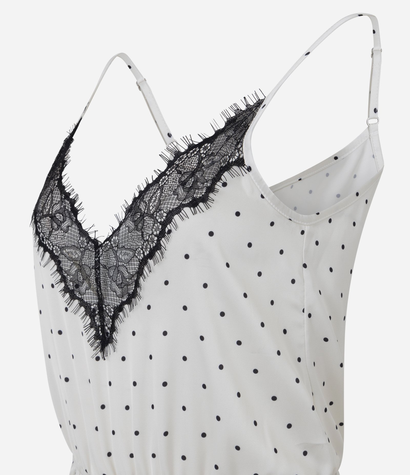 Pijama Curto Macacão em Cetim com Renda e Estampa Poá Branco 5