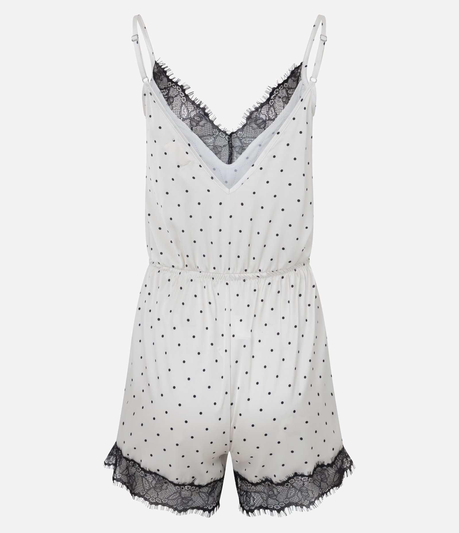 Pijama Curto Macacão em Cetim com Renda e Estampa Poá Branco 6