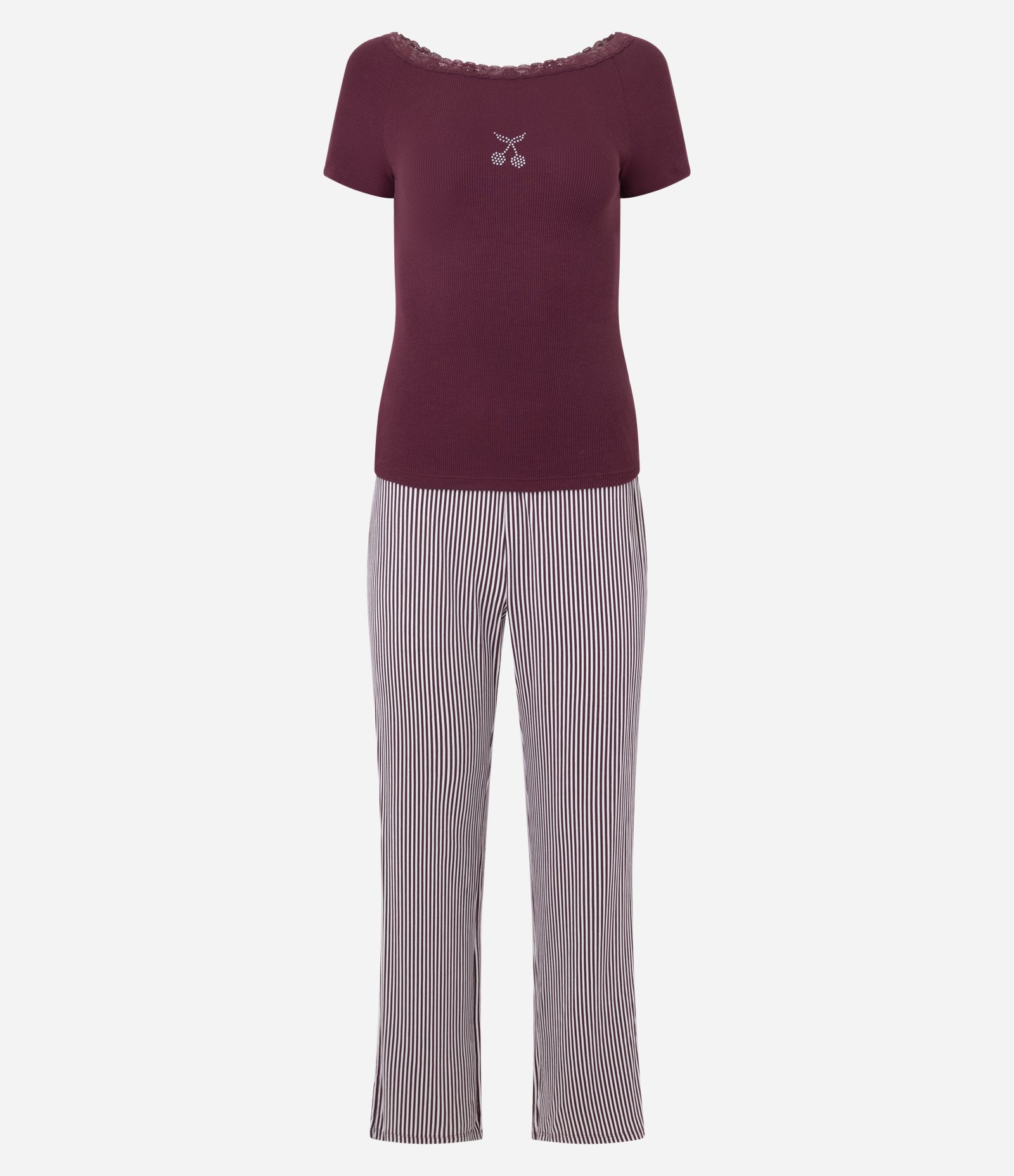 Pijama Manga Curta Ribana Listrado com Renda e Strass Vermelho 5