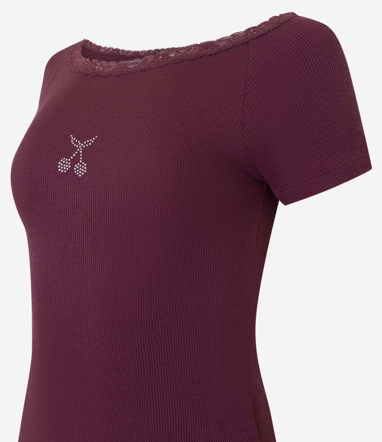 Pijama Manga Curta Ribana Listrado com Renda e Strass Vermelho 6