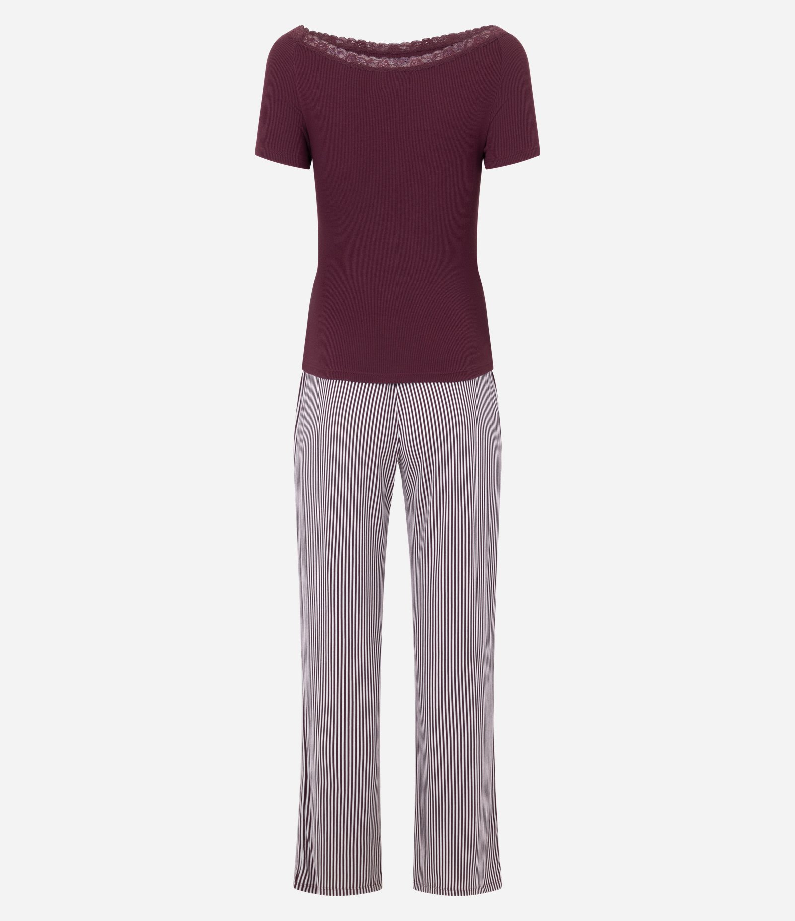 Pijama Manga Curta Ribana Listrado com Renda e Strass Vermelho 7