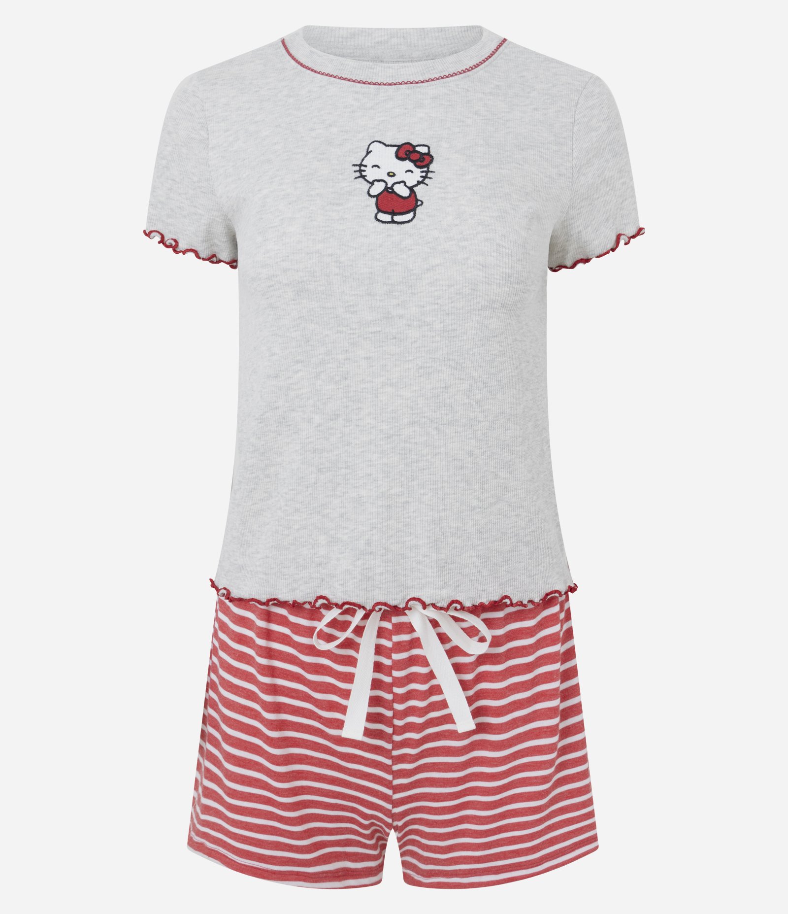 Pijama Curto em Ribana e Short Listrado Hello Kitty Cinza/Vermelho 4