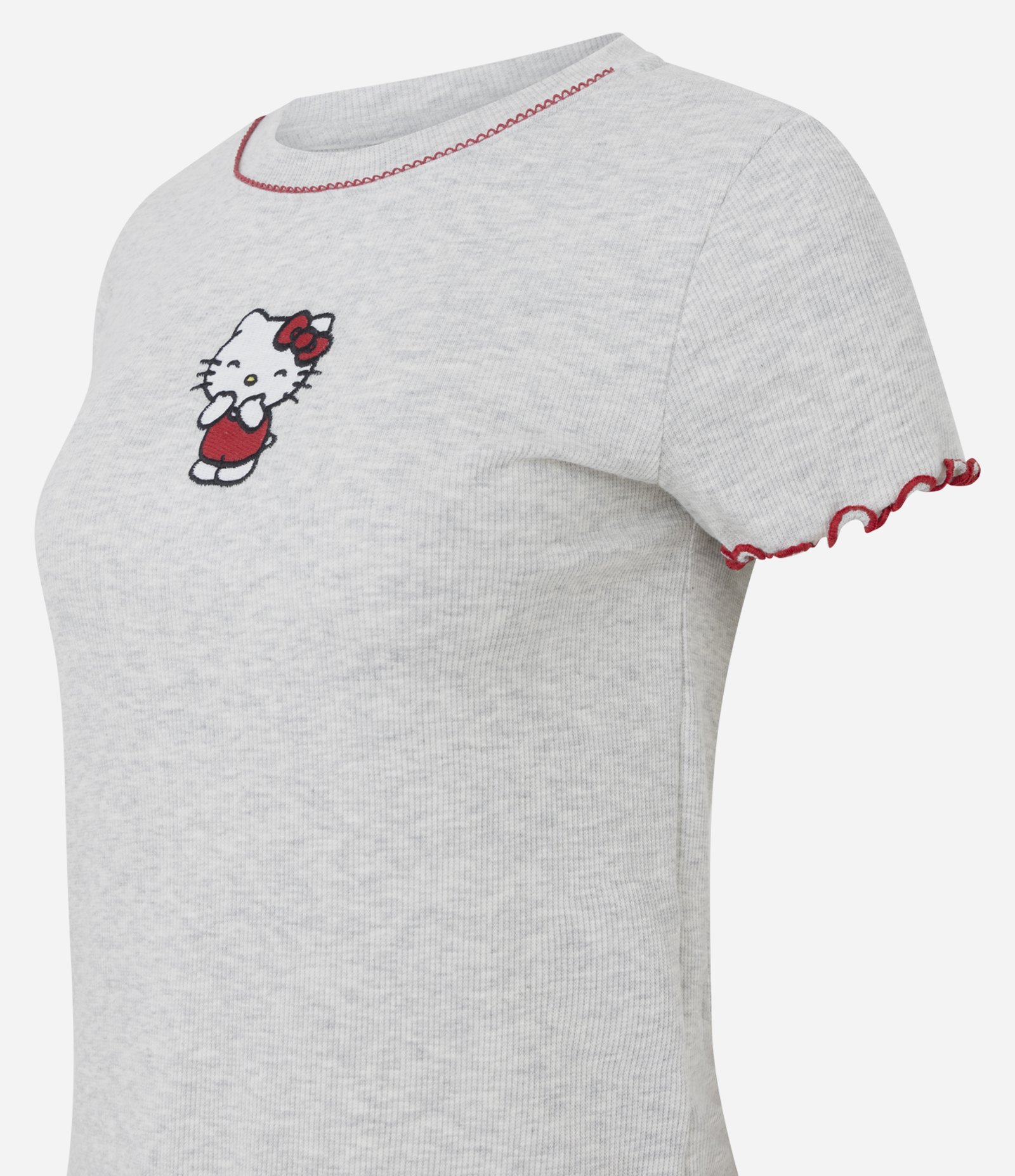 Pijama Curto em Ribana e Short Listrado Hello Kitty Cinza/Vermelho 5