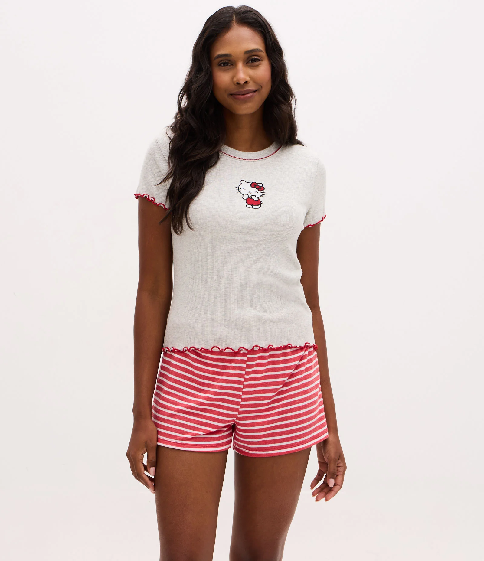 Pijama Curto em Ribana e Short Listrado Hello Kitty Cinza/Vermelho 1