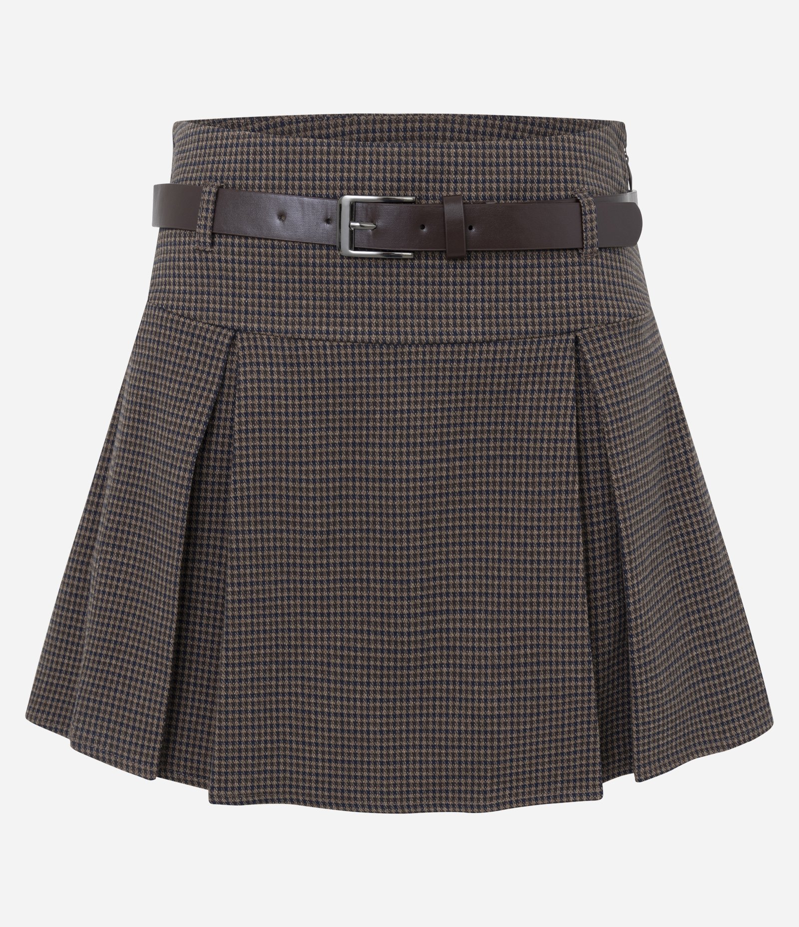 Short Saia Alfaiatado Xadrez com Pregas e Cinto Marrom 1