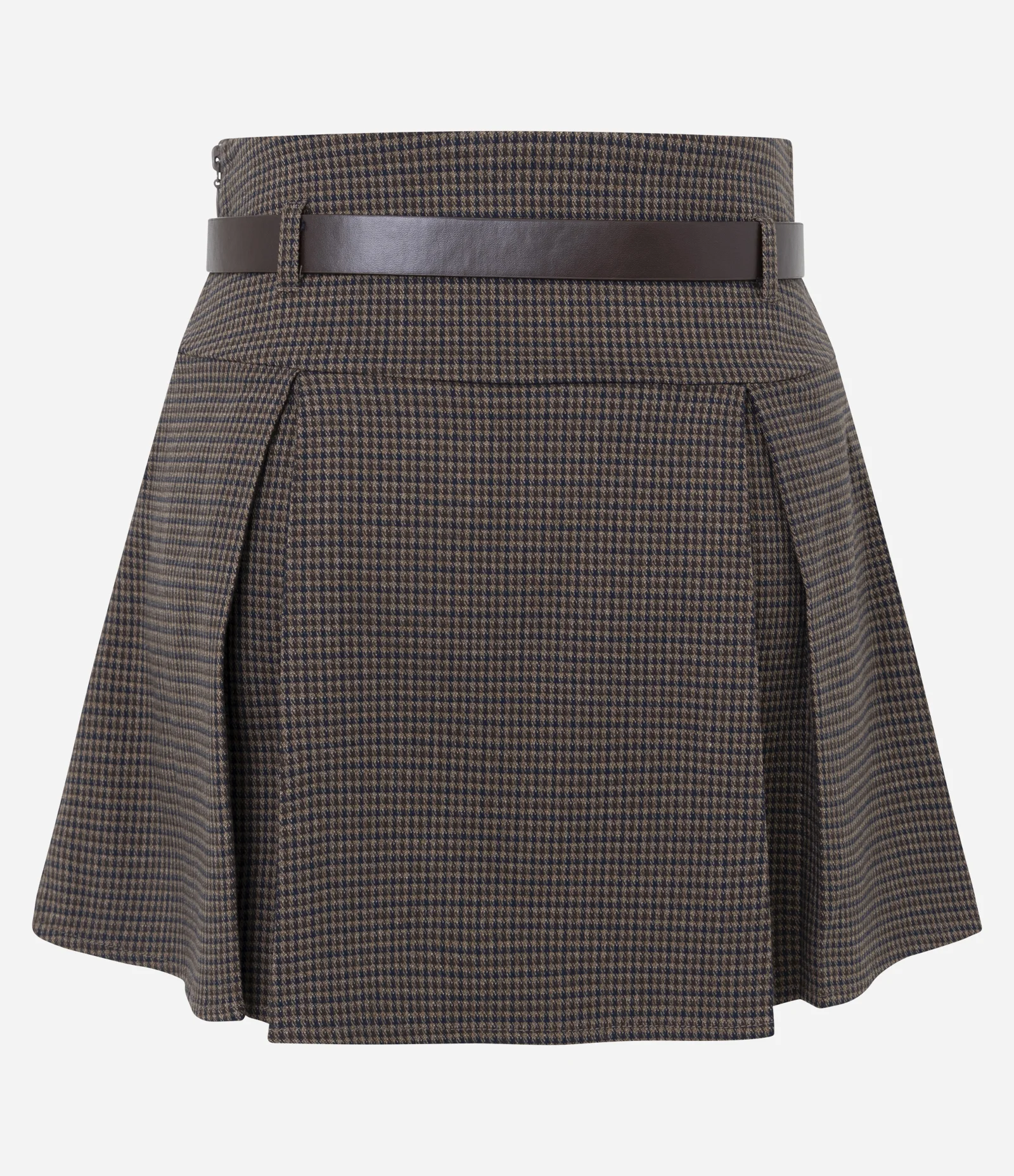 Short Saia Alfaiatado Xadrez com Pregas e Cinto Marrom 2