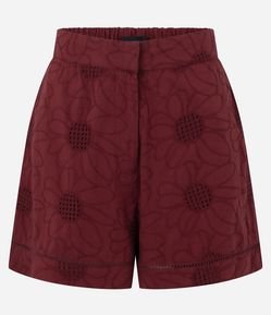 Short Cintura Alta em Laise com Bordado Floral