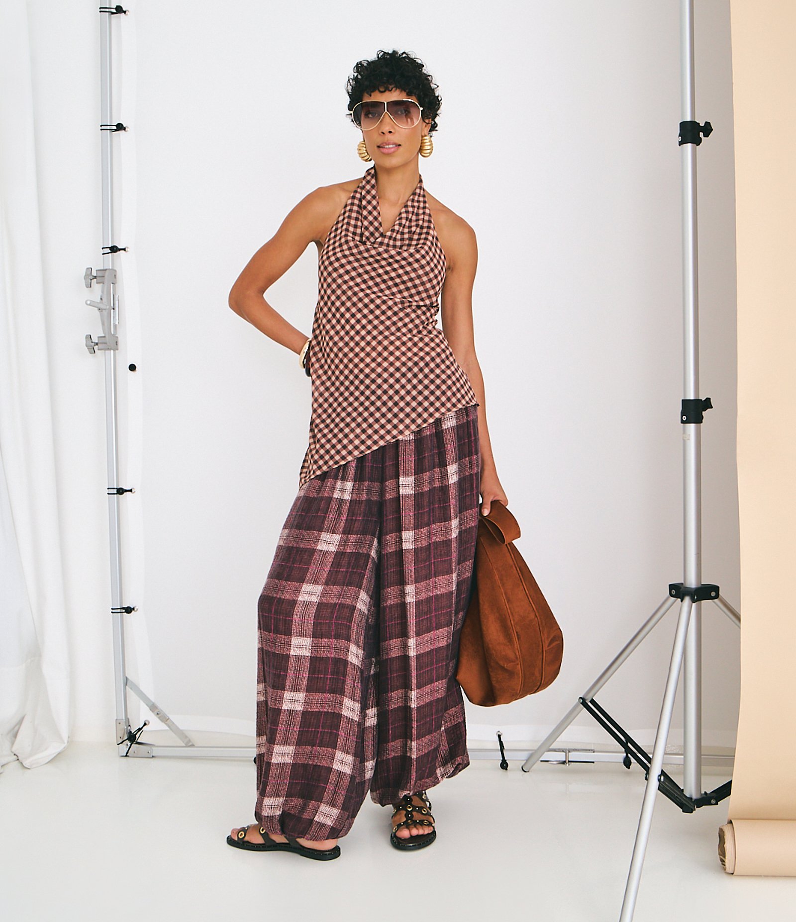 Calça Balloon em Chalis com Estampa Xadrez Bordô 1