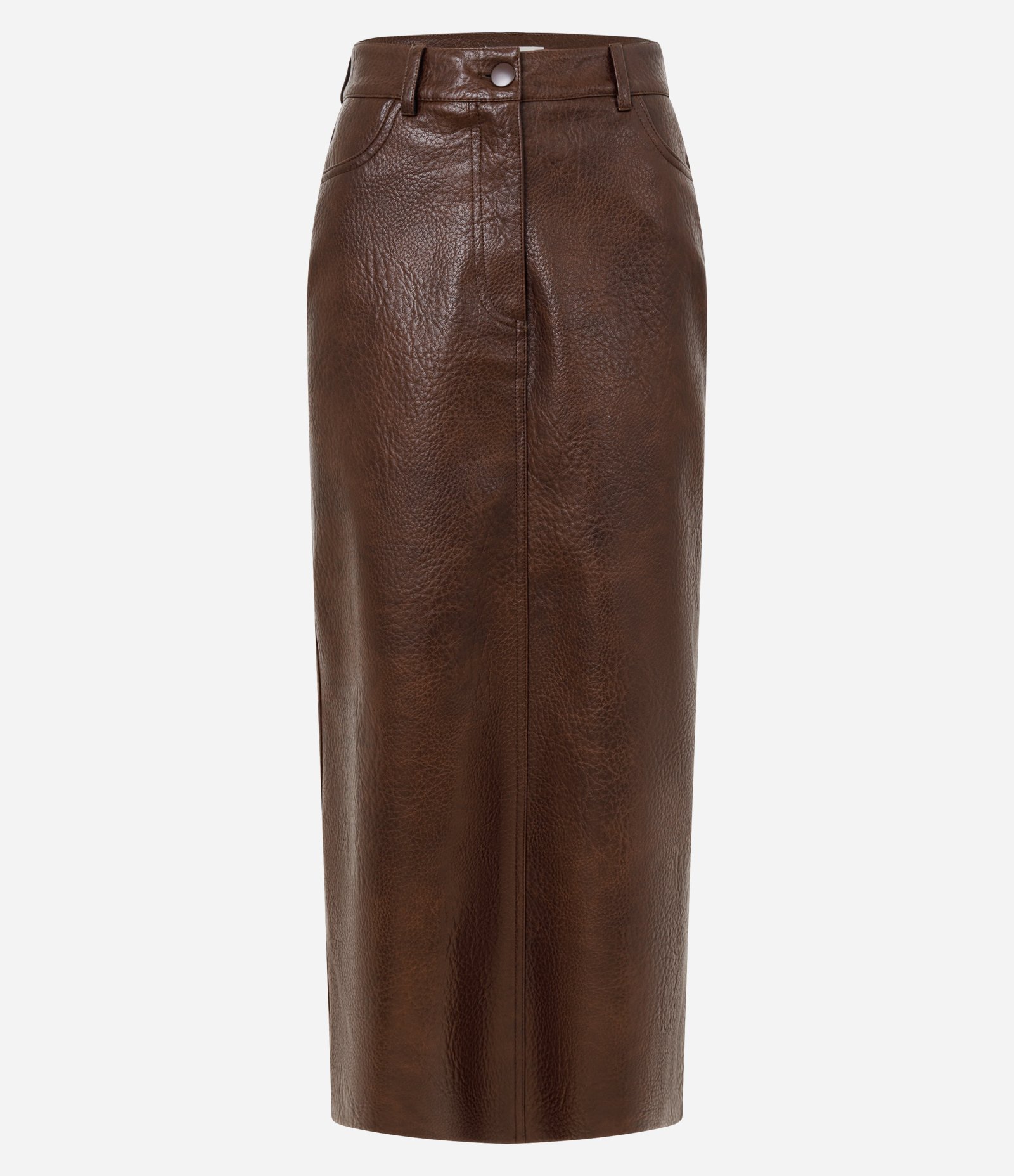 Saia Midi e Reta em PU com Fenda nas Costas Marrom 1
