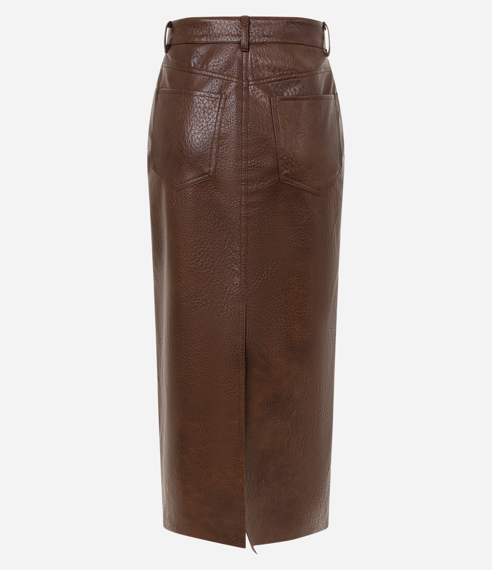 Saia Midi e Reta em PU com Fenda nas Costas Marrom 3