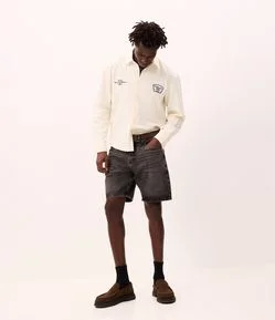 Camisa Overshirt Boxy Manga Longa em Sarja com Bordado Workwear Dept