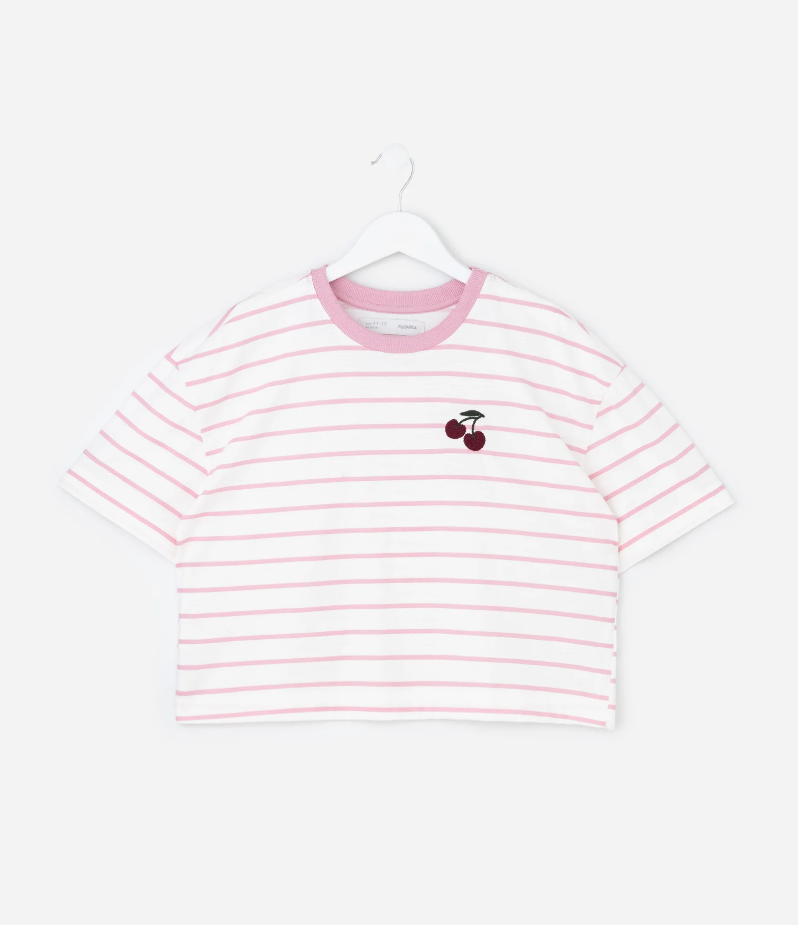 Camiseta Infantil Listrada com Bordado de Cereja – Tam 5 a 14 Anos Branco/Rosa 1