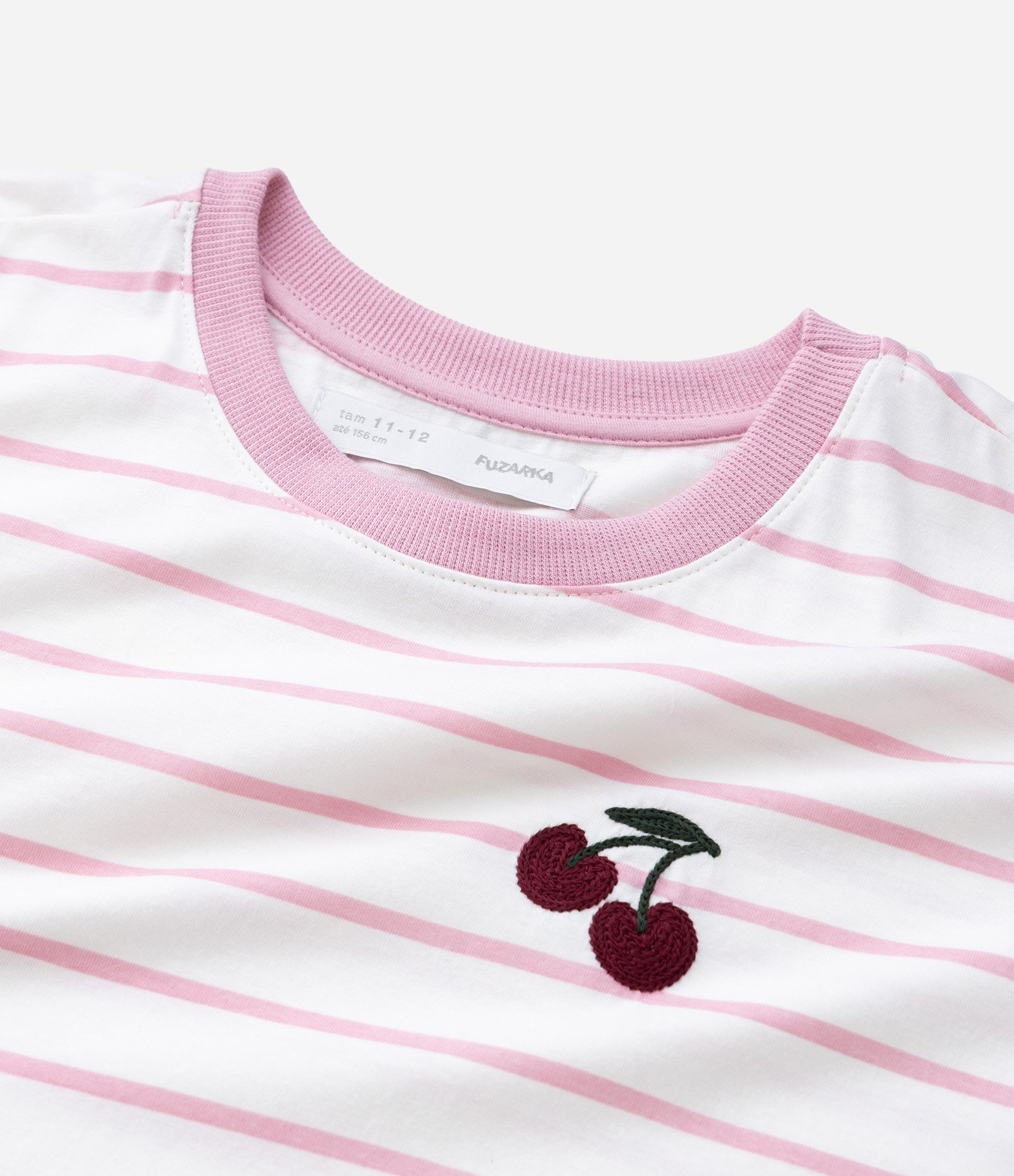 Camiseta Infantil Listrada com Bordado de Cereja – Tam 5 a 14 Anos Branco/Rosa 5