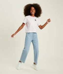 Camiseta Infantil Listrada com Bordado de Cereja – Tam 5 a 14 Anos