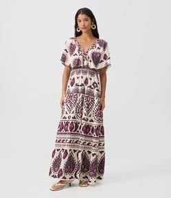 Vestido Midi em Viscose com Estampa Abstrata e Manga Ampla