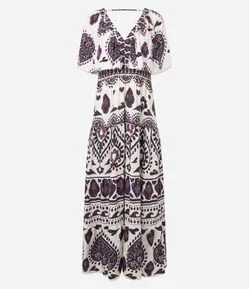 Vestido Midi em Viscose com Estampa Abstrata e Manga Ampla