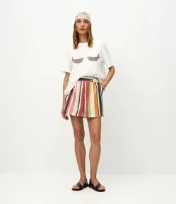 Bermuda Evasê Listrada em Viscolinho com Cintura Alta