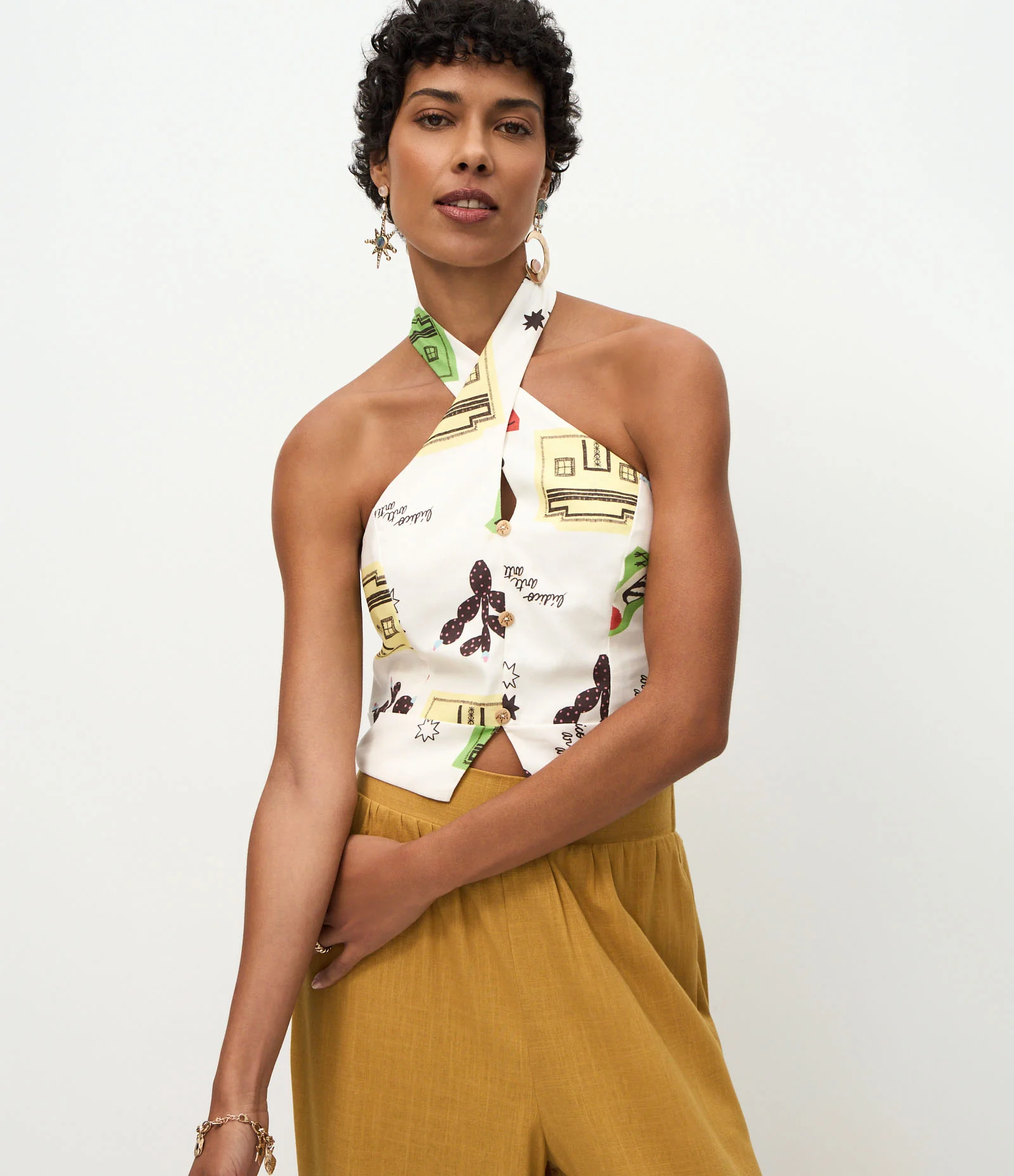 Blusa Cropped Frente Única em Viscolinho com Estampa de Ícones Off White 1