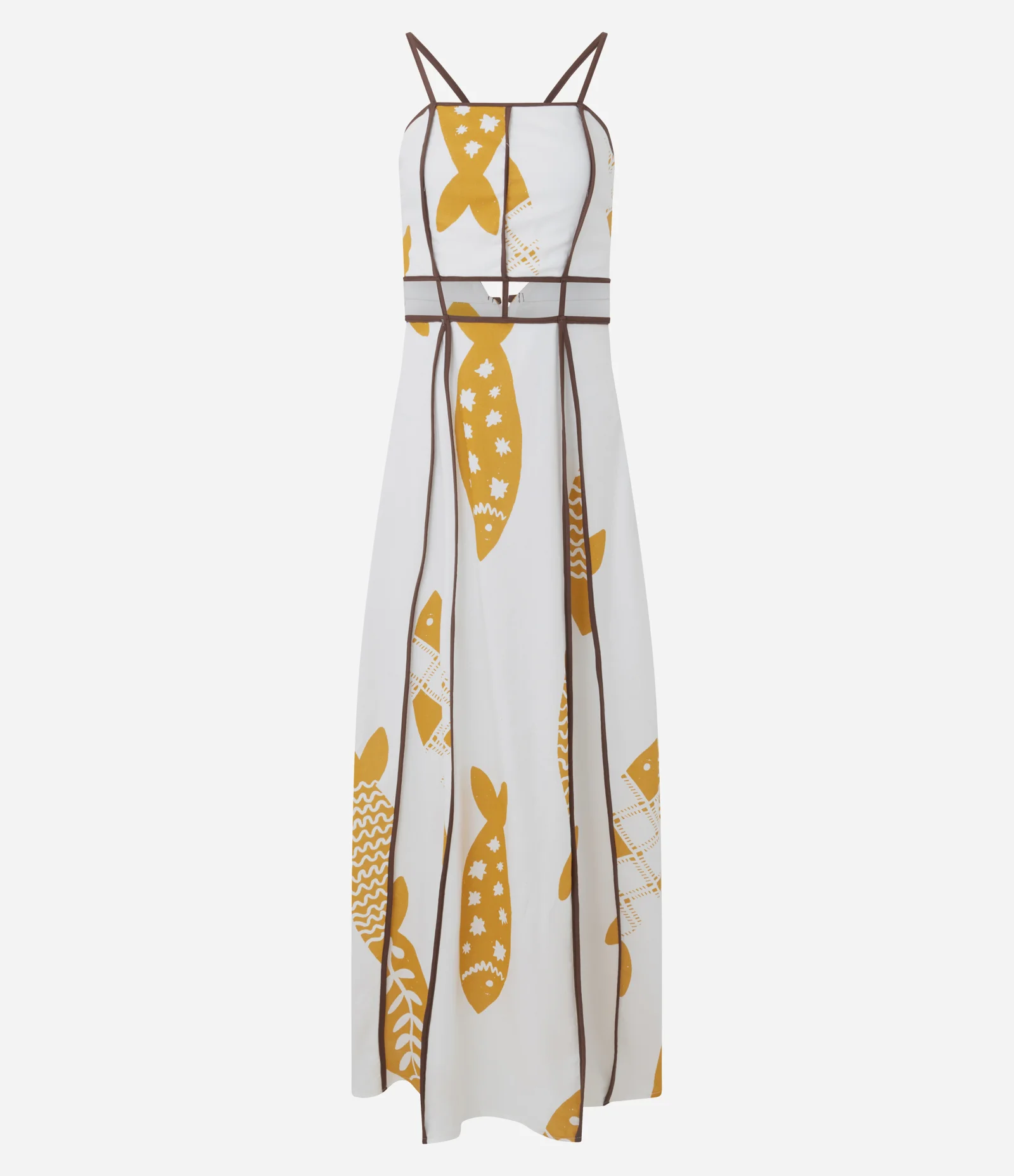 Vestido Evasê em Viscolinho com Vazados e Estampa de Peixe Off White 5