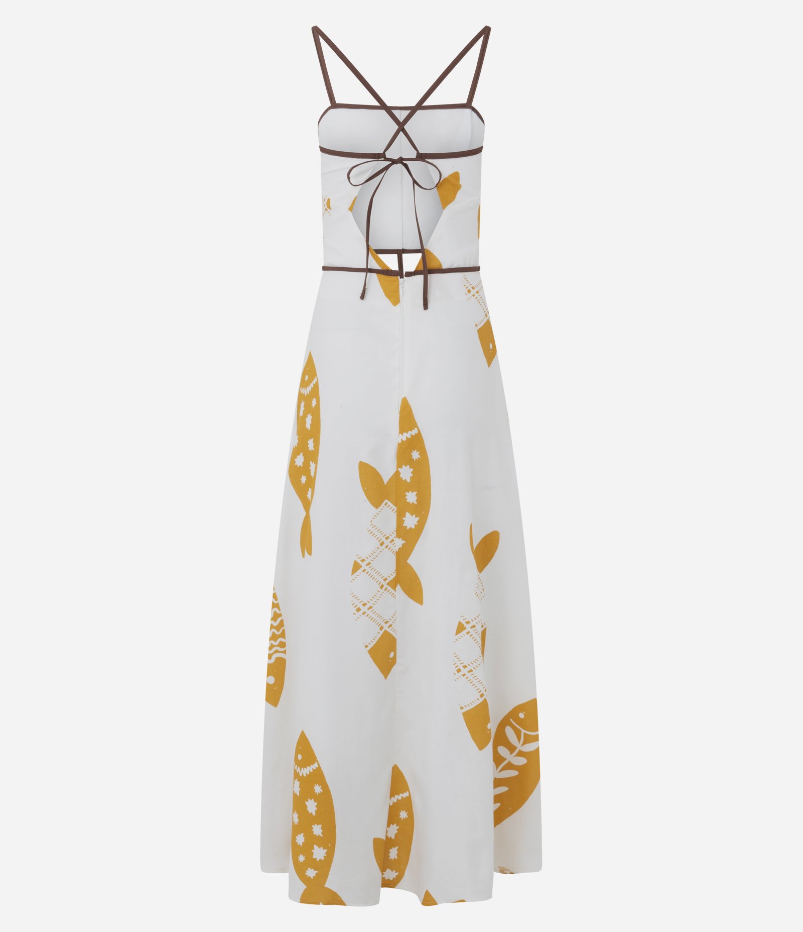 Vestido Evasê em Viscolinho com Vazados e Estampa de Peixe Off White 7