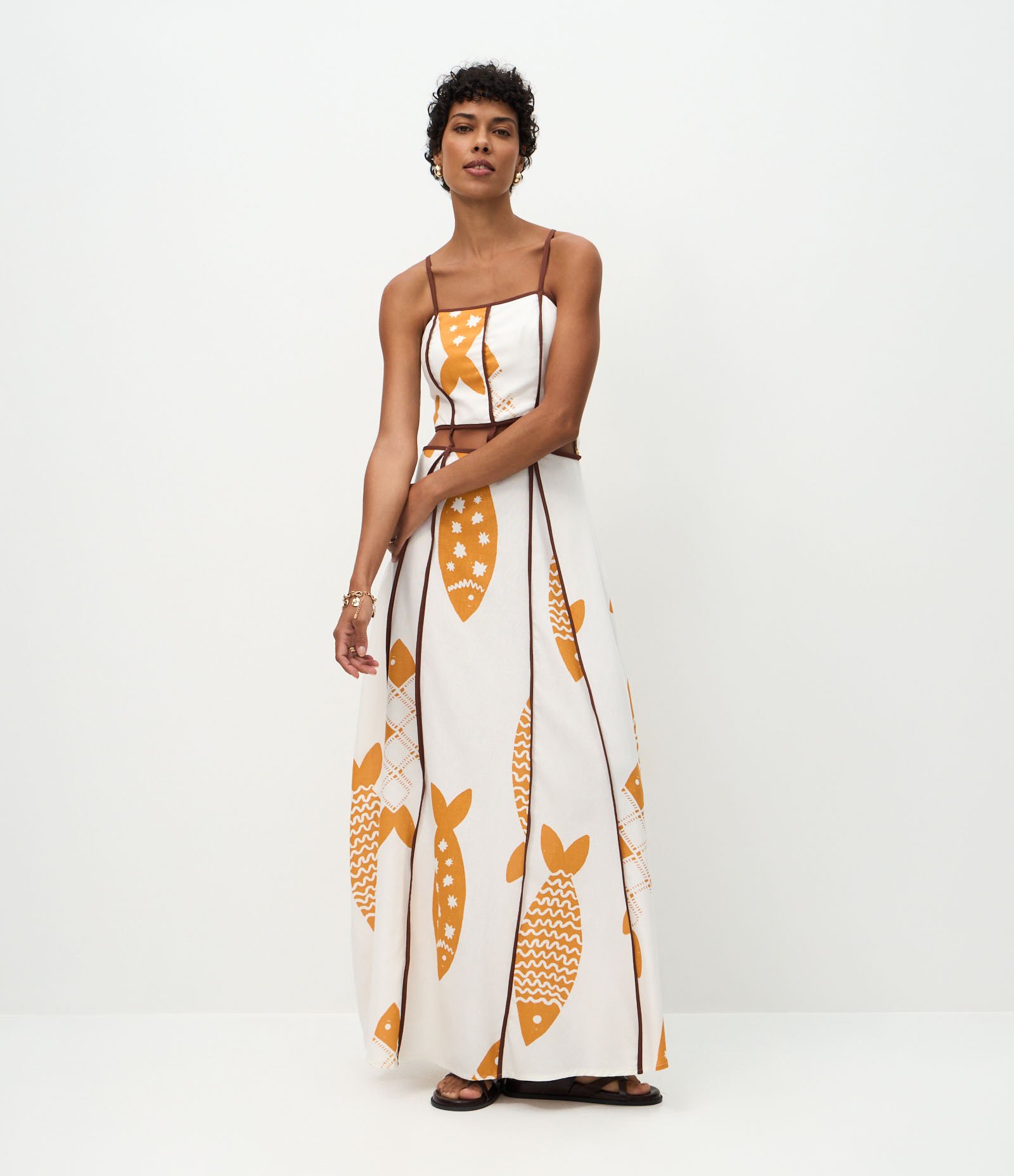 Vestido Evasê em Viscolinho com Vazados e Estampa de Peixe Off White 1