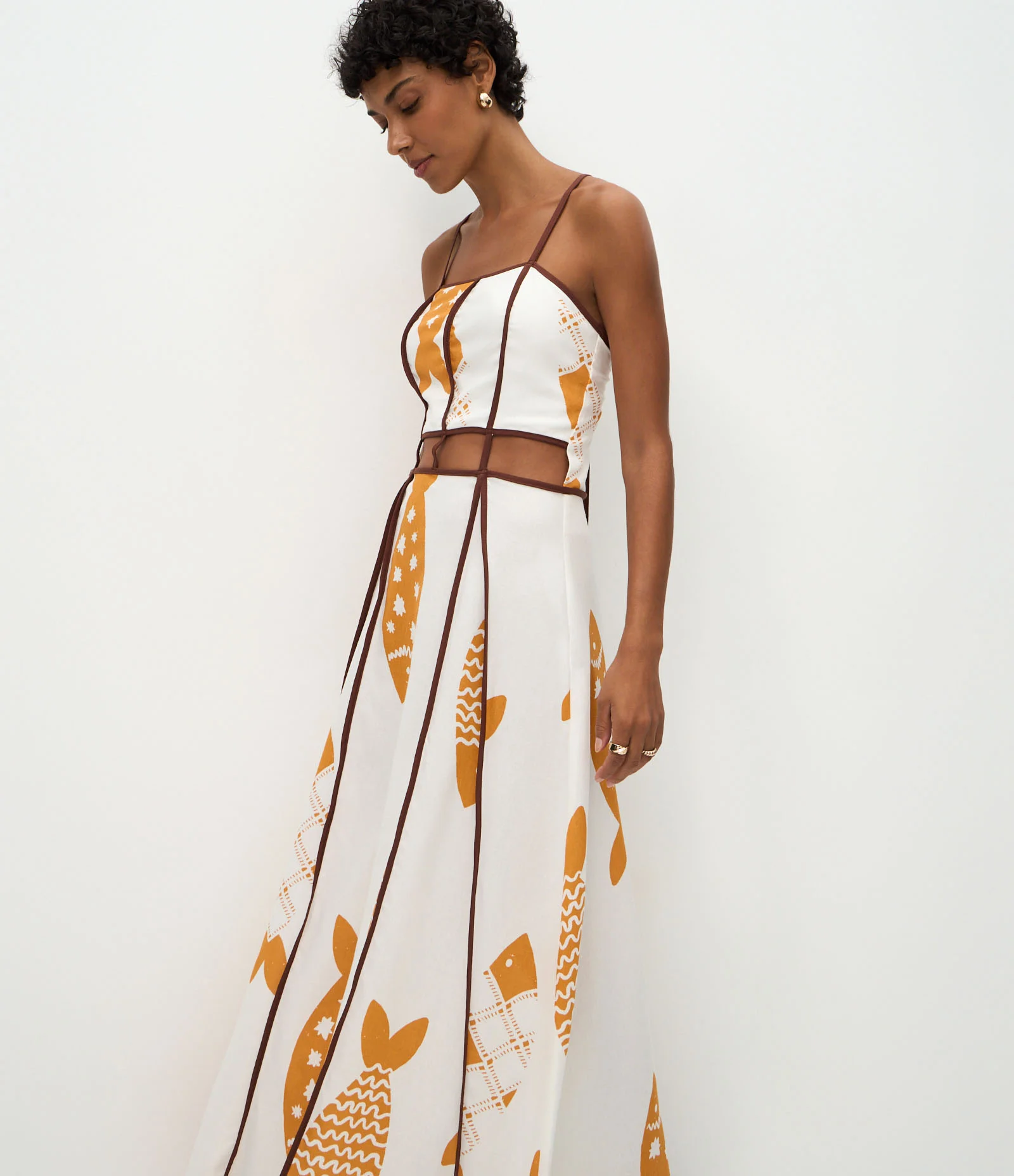 Vestido Evasê em Viscolinho com Vazados e Estampa de Peixe Off White 2