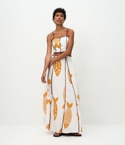 Vestido Evasê em Viscolinho com Vazados e Estampa de Peixe