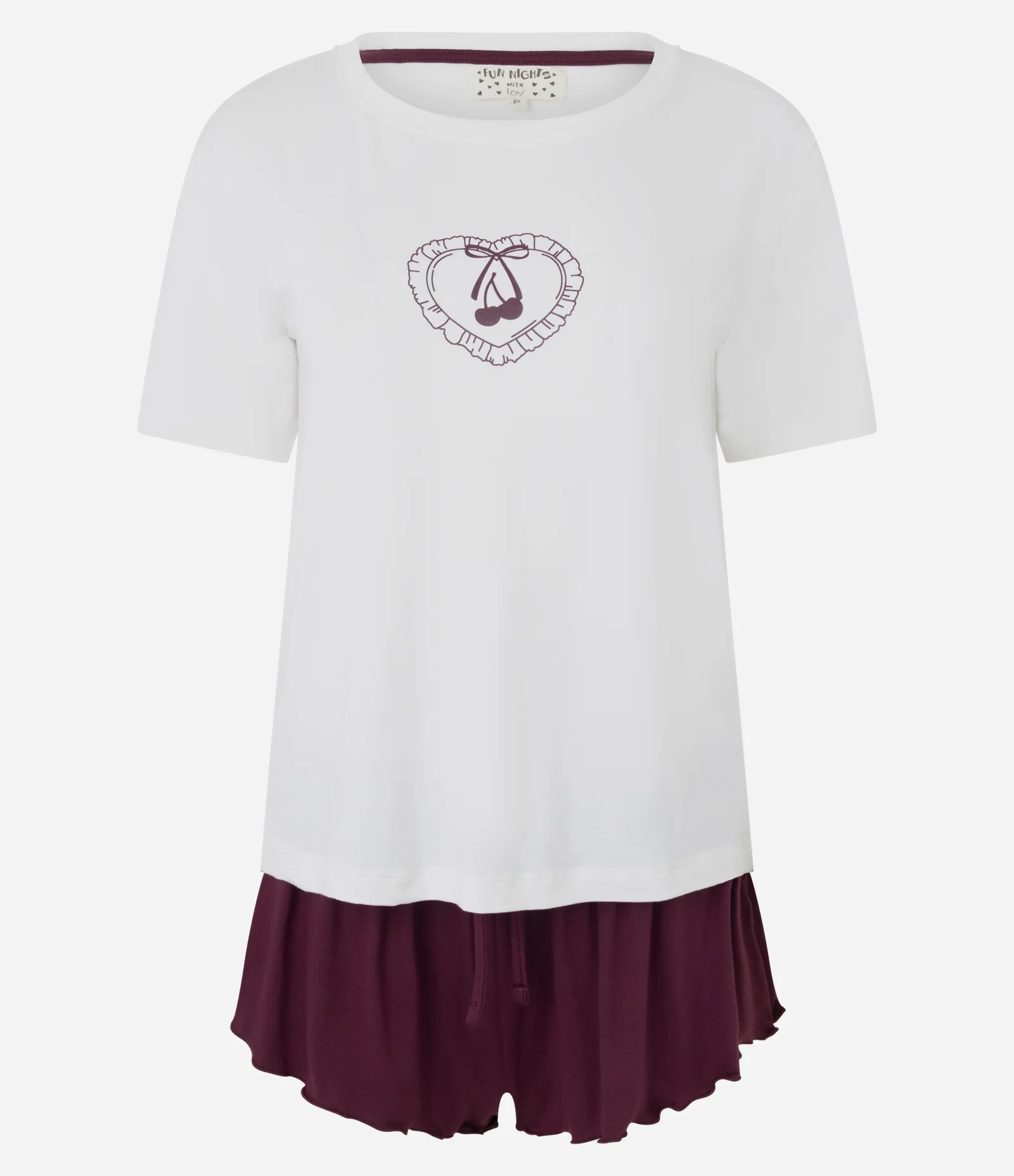 Pijama Curto em Viscolycra com Estampa de Cereja Branco/Vinho 5