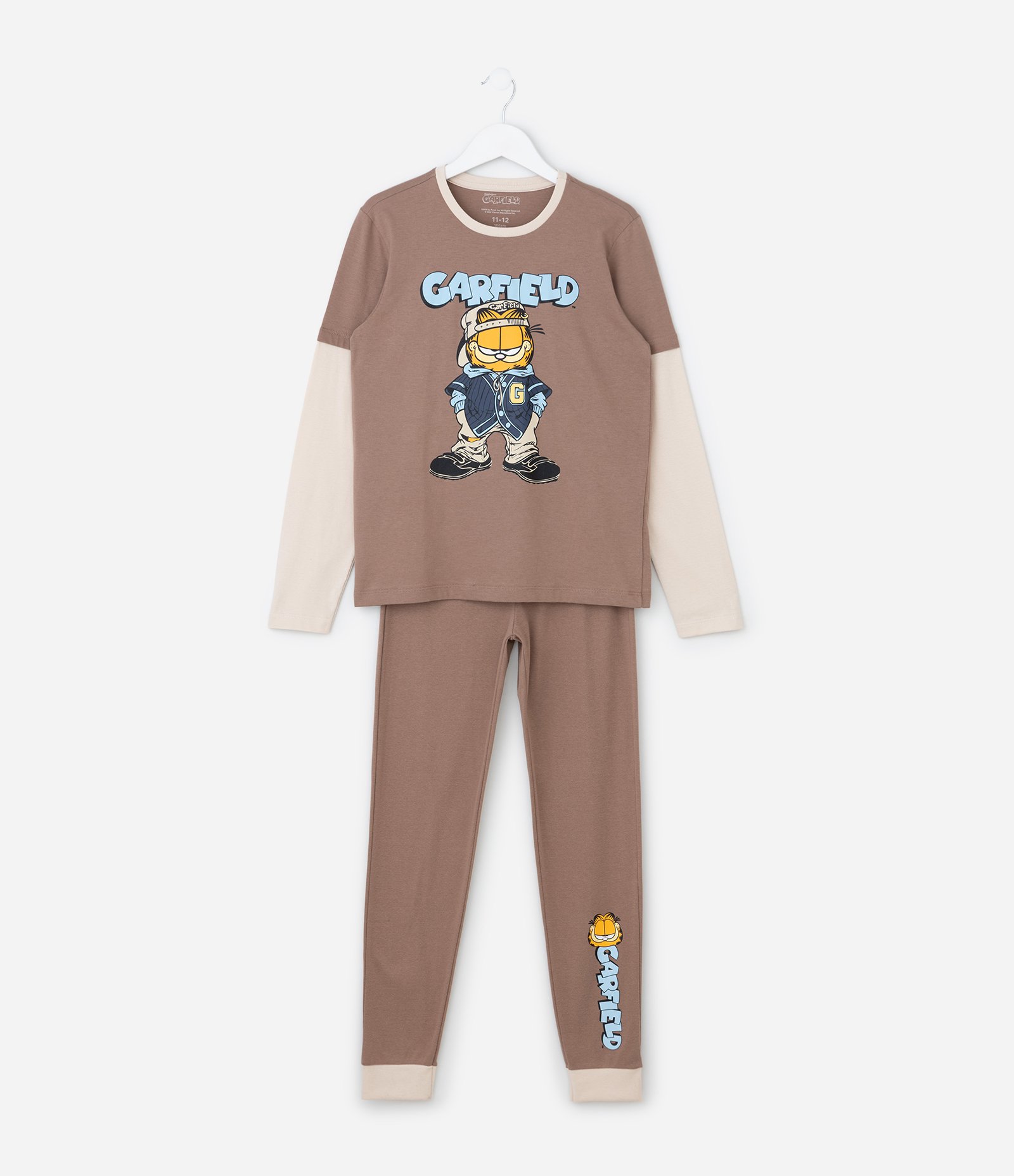 Pijama Infantil do Garfield com Mangas Contrastante – Tam 5 a 14 Anos Marrom 1