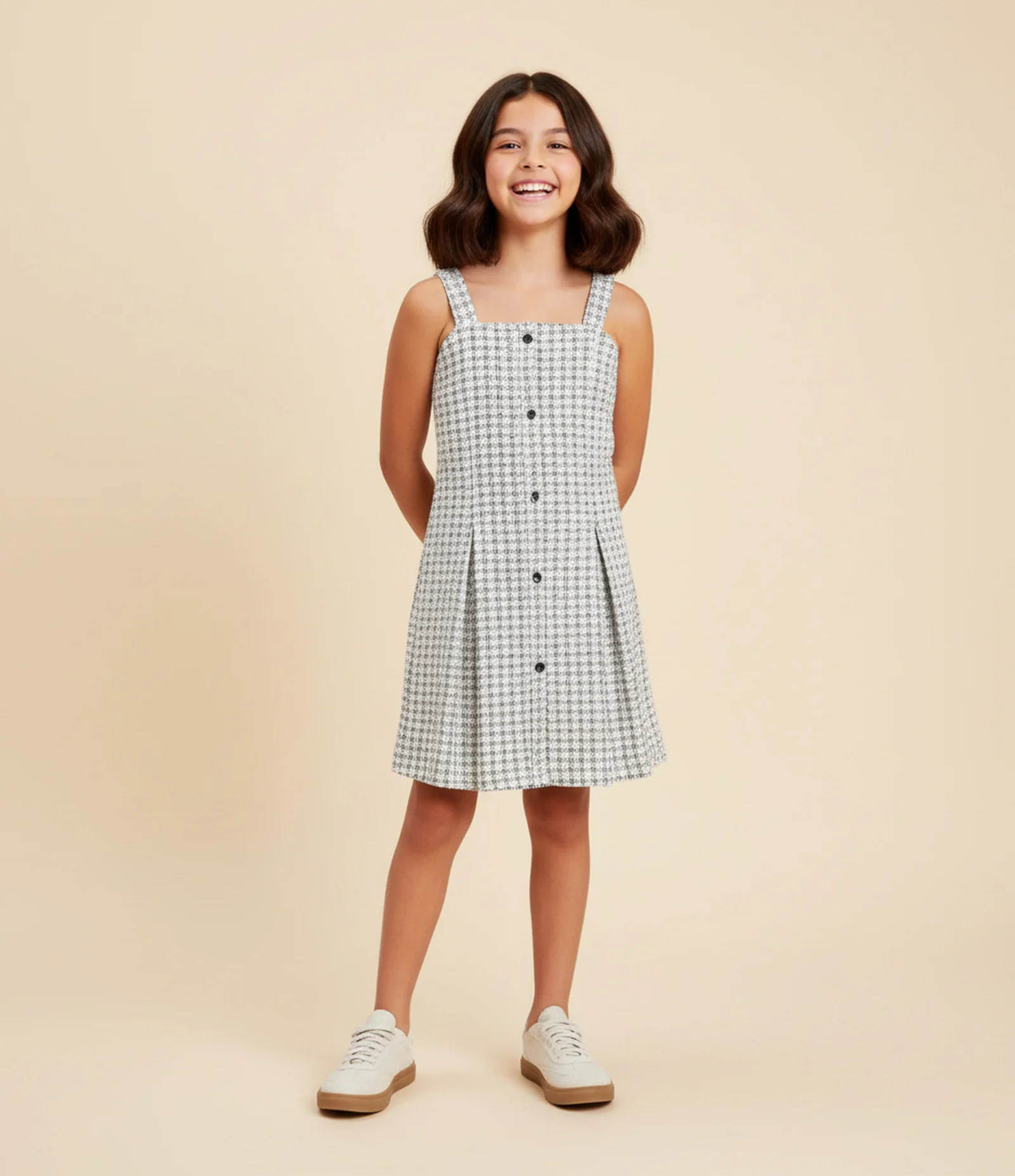 Vestido Infantil em Tweed com Alças Largas e Botões Frontais – Tam 5 a 14 Anos Off White Mesclado 1