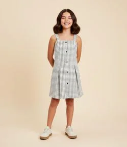Vestido Infantil em Tweed com Alças Largas e Botões Frontais – Tam 5 a 14 Anos