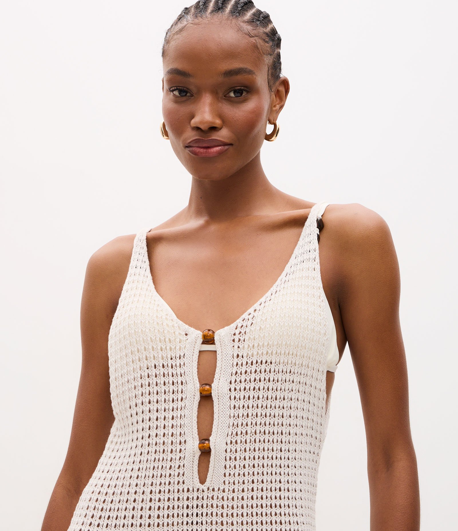 Vestido em Tricô Maquinetado com Botões no Decote Branco 3