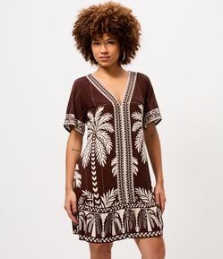 Vestido Curto em Viscose com Estampa Coqueiros e Decote V