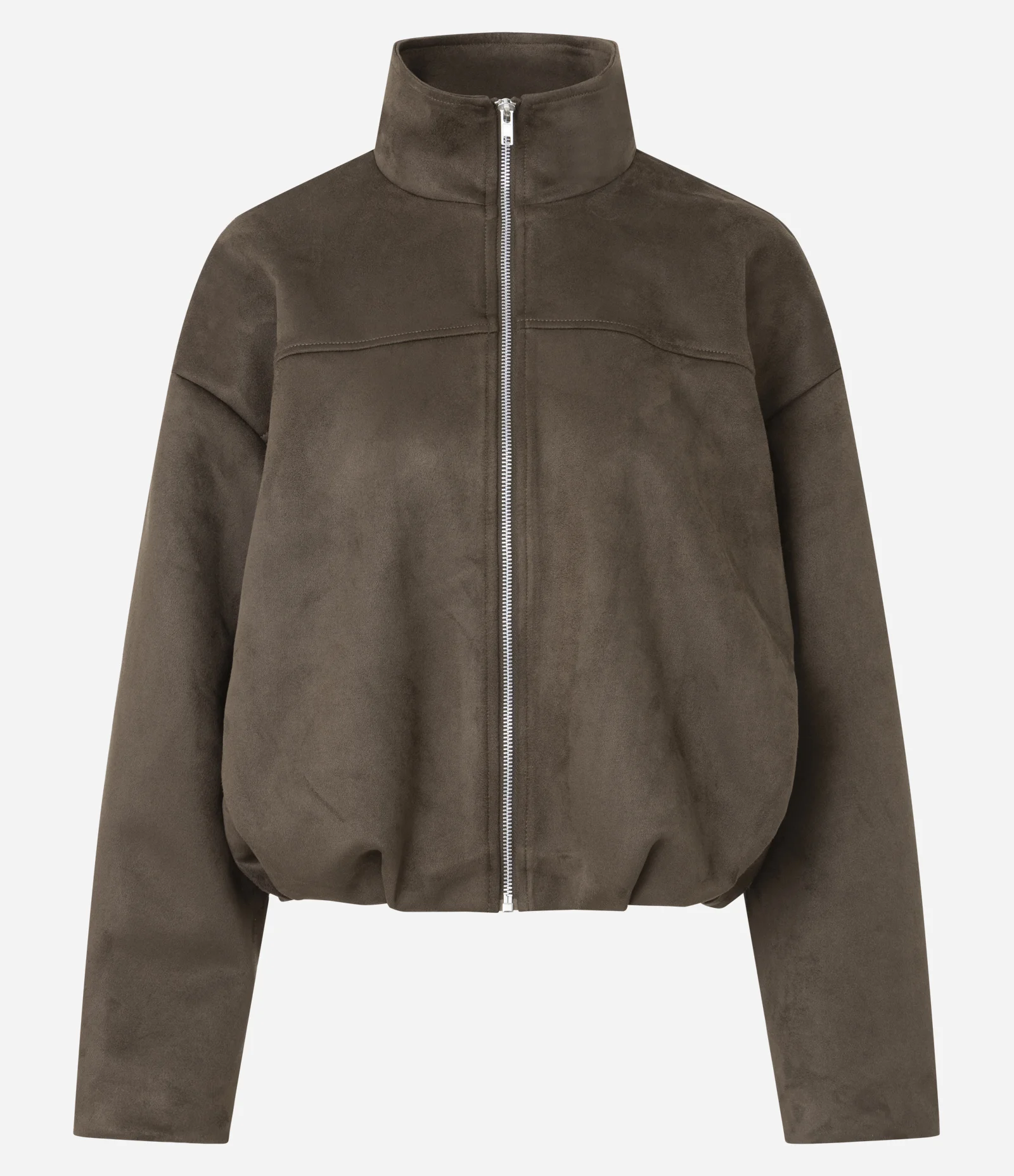 Jaqueta em Suede com Gola Alta e Barra com Elástico Marrom 1