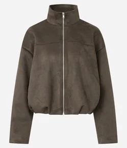 Jaqueta em Suede com Gola Alta e Barra com Elástico