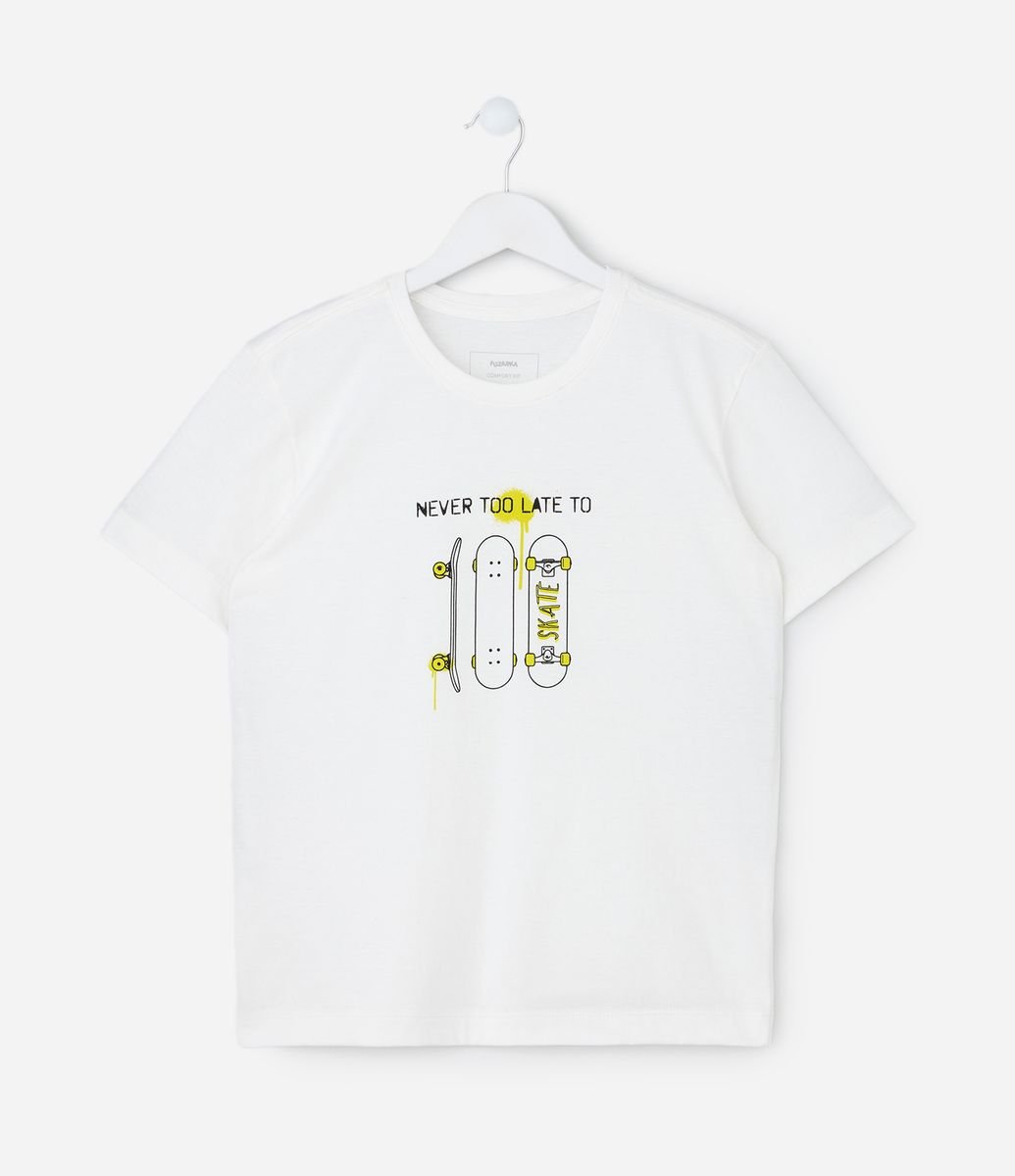 Camiseta Infantil com Estampa de Skate – Tam 5 a 14 Anos Branco