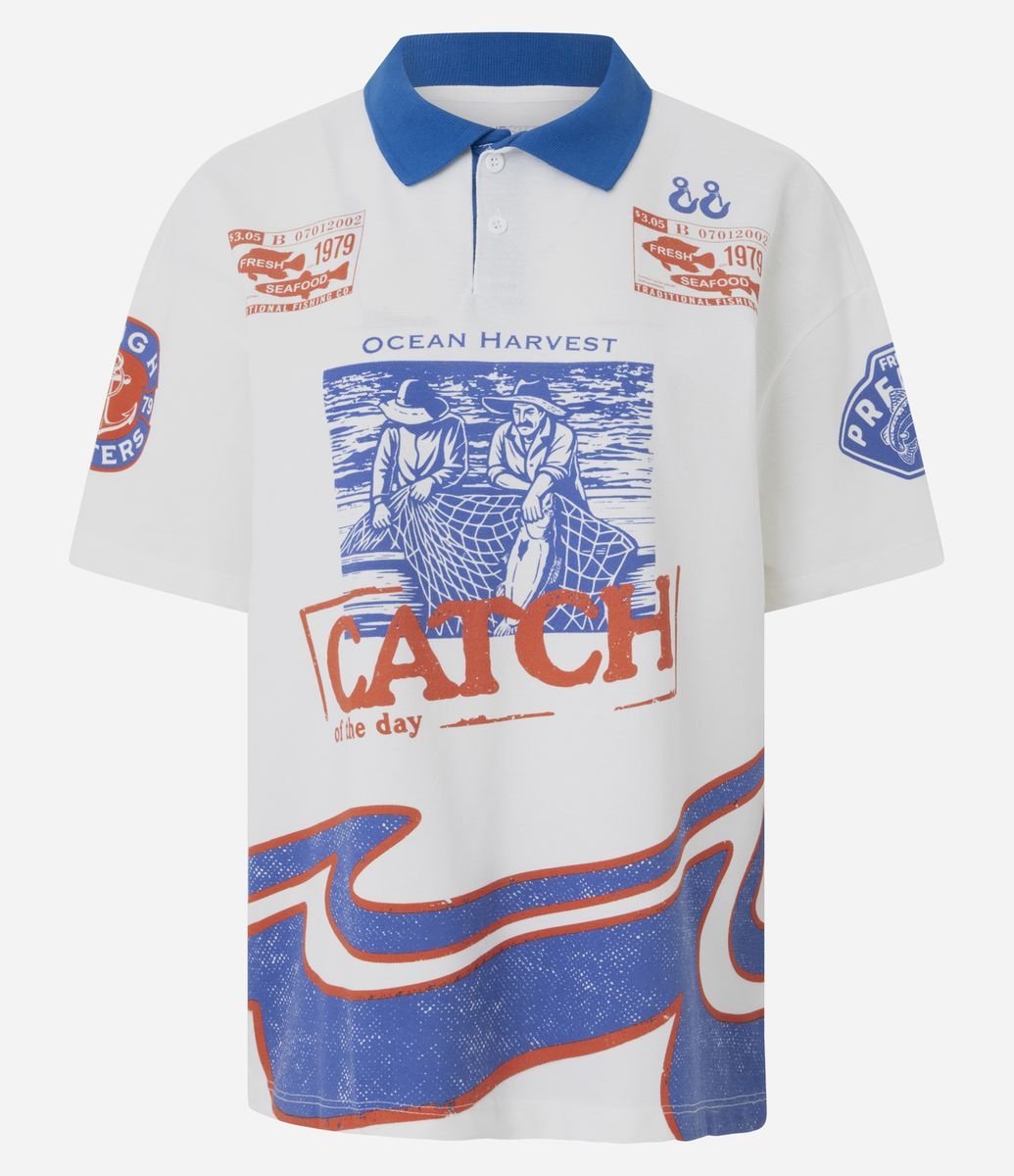 Camiseta Polo Oversized com Estampa Catch Branco