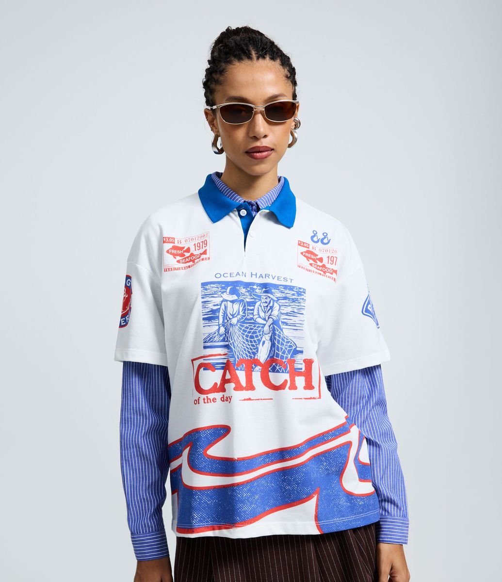 Camiseta Polo Oversized com Estampa Catch Branco
