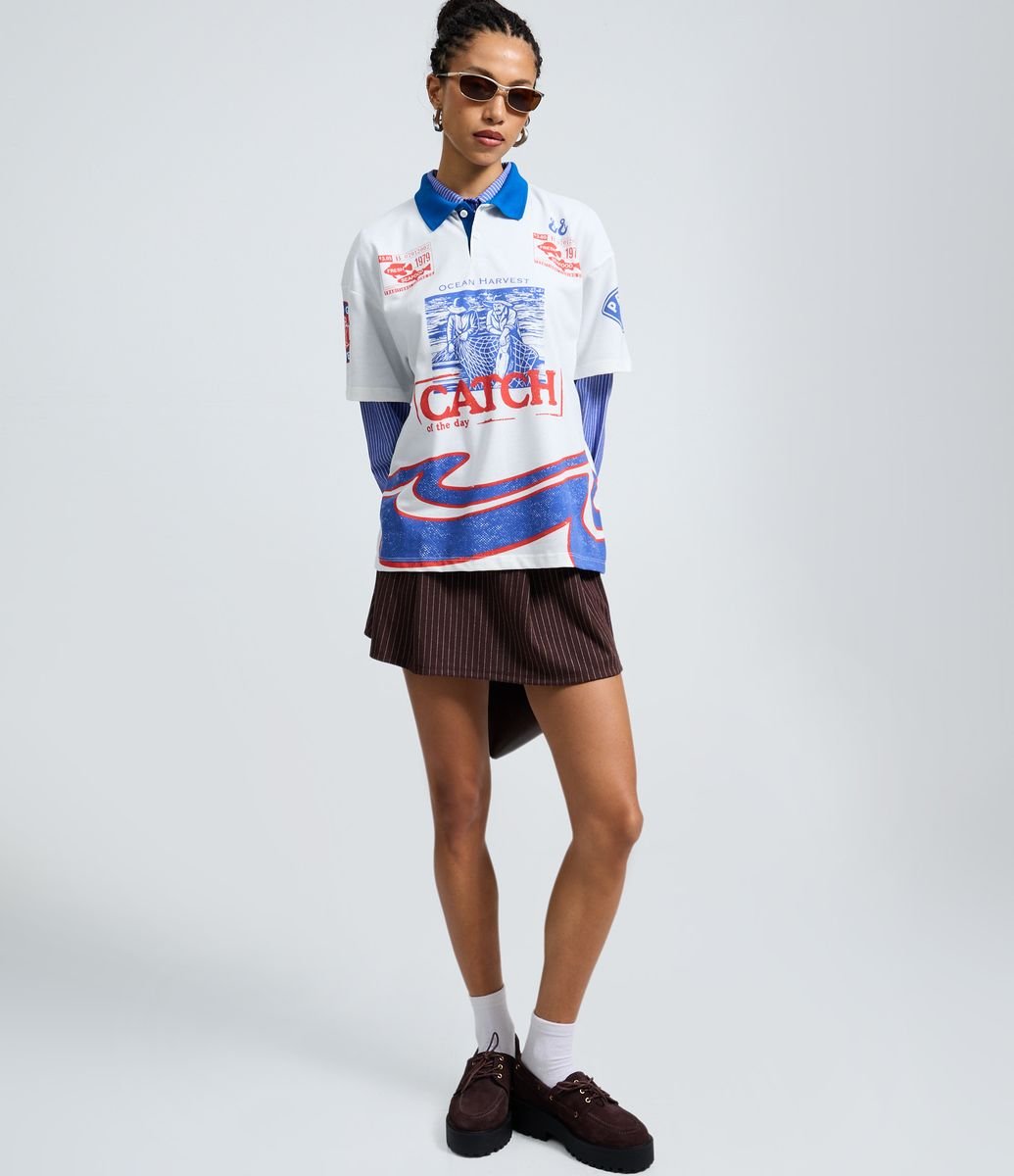 Camiseta Polo Oversized com Estampa Catch Branco