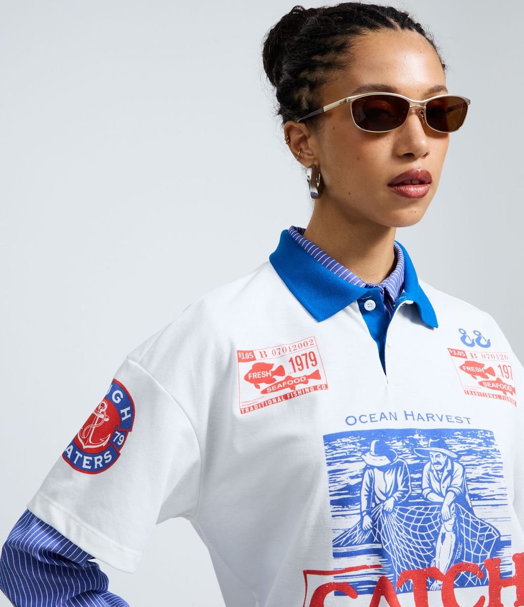Camiseta Polo Oversized com Estampa Catch Branco