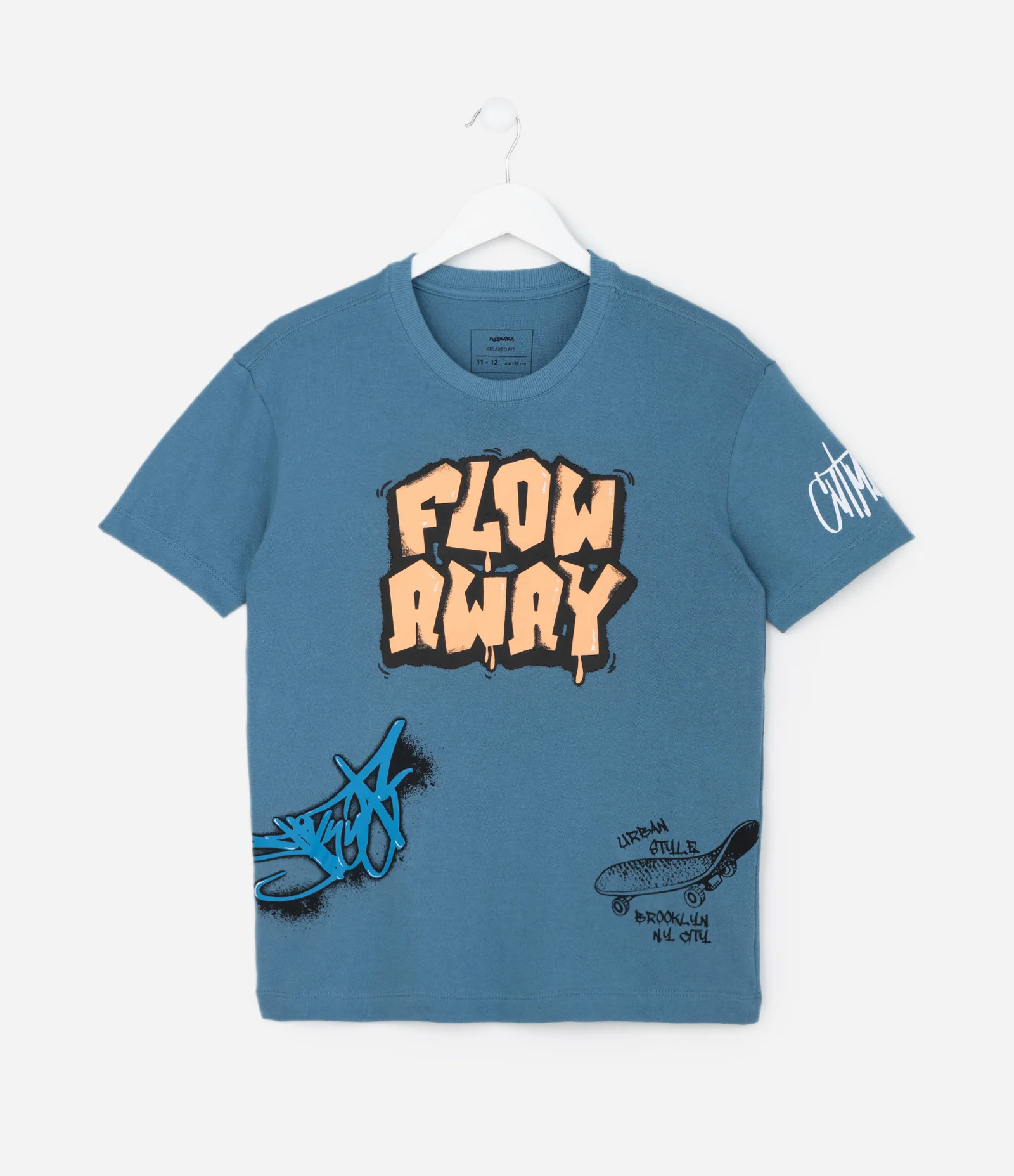 Camiseta Relaxed Infantil em Suedine com Estampa Grafite - Tam 5 a 14 Anos Azul 1