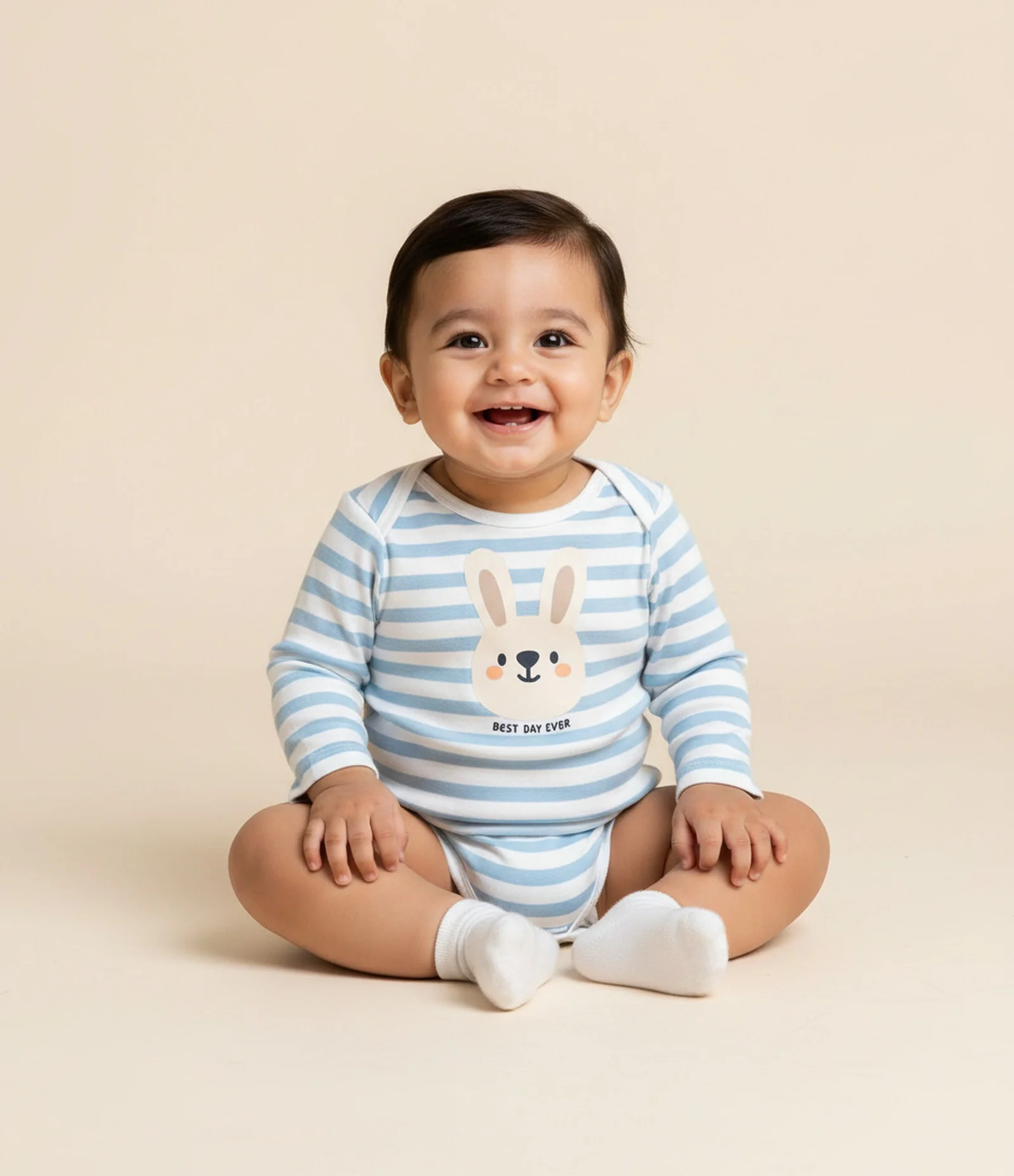Body Infantil Manga Longa Listrada com Estampa de Coelhinho – Tam 0 a 18 Meses Azul/Branco 1