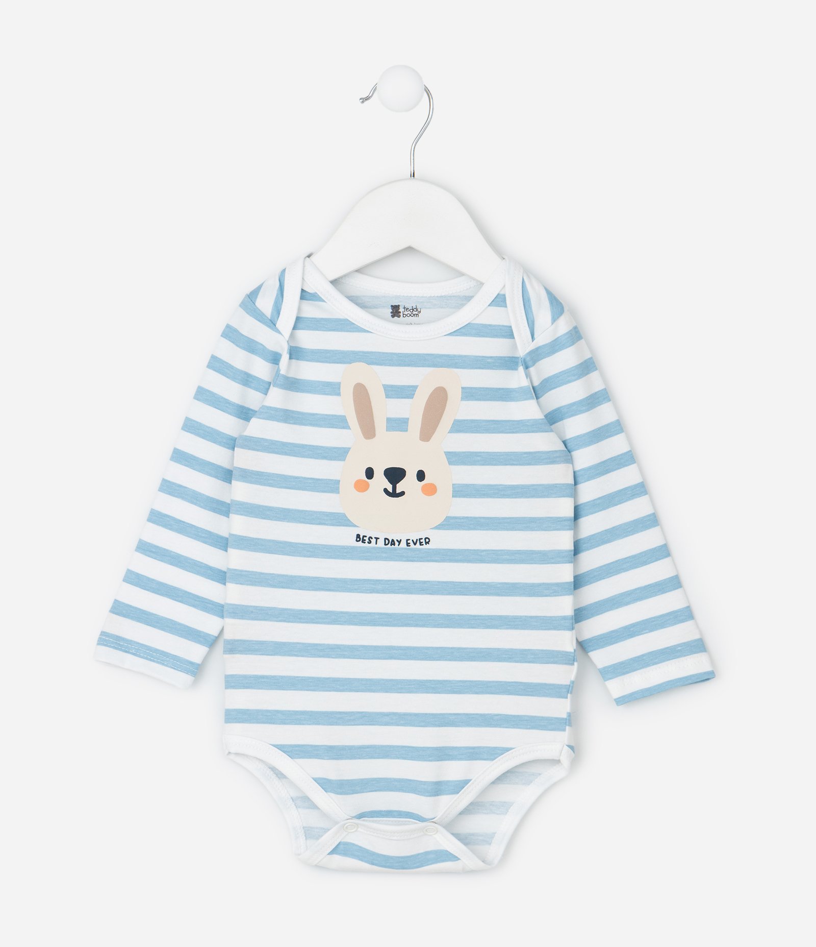 Body Infantil Manga Longa Listrada com Estampa de Coelhinho – Tam 0 a 18 Meses Azul/Branco 2
