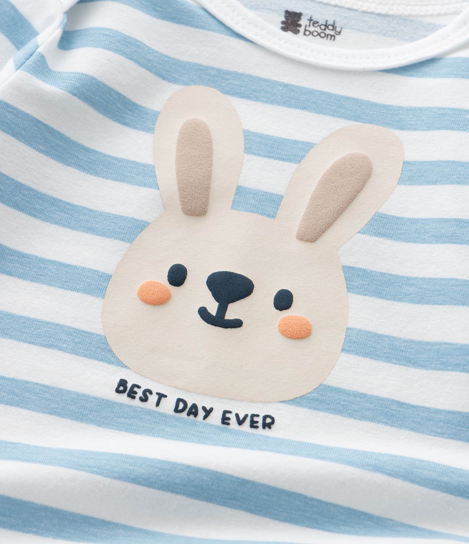 Body Infantil Manga Longa Listrada com Estampa de Coelhinho – Tam 0 a 18 Meses Azul/Branco 7