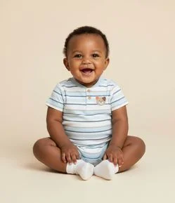 Body Infantil Listrado com Cachorrinho no Peito – Tam RN a 18 Meses
